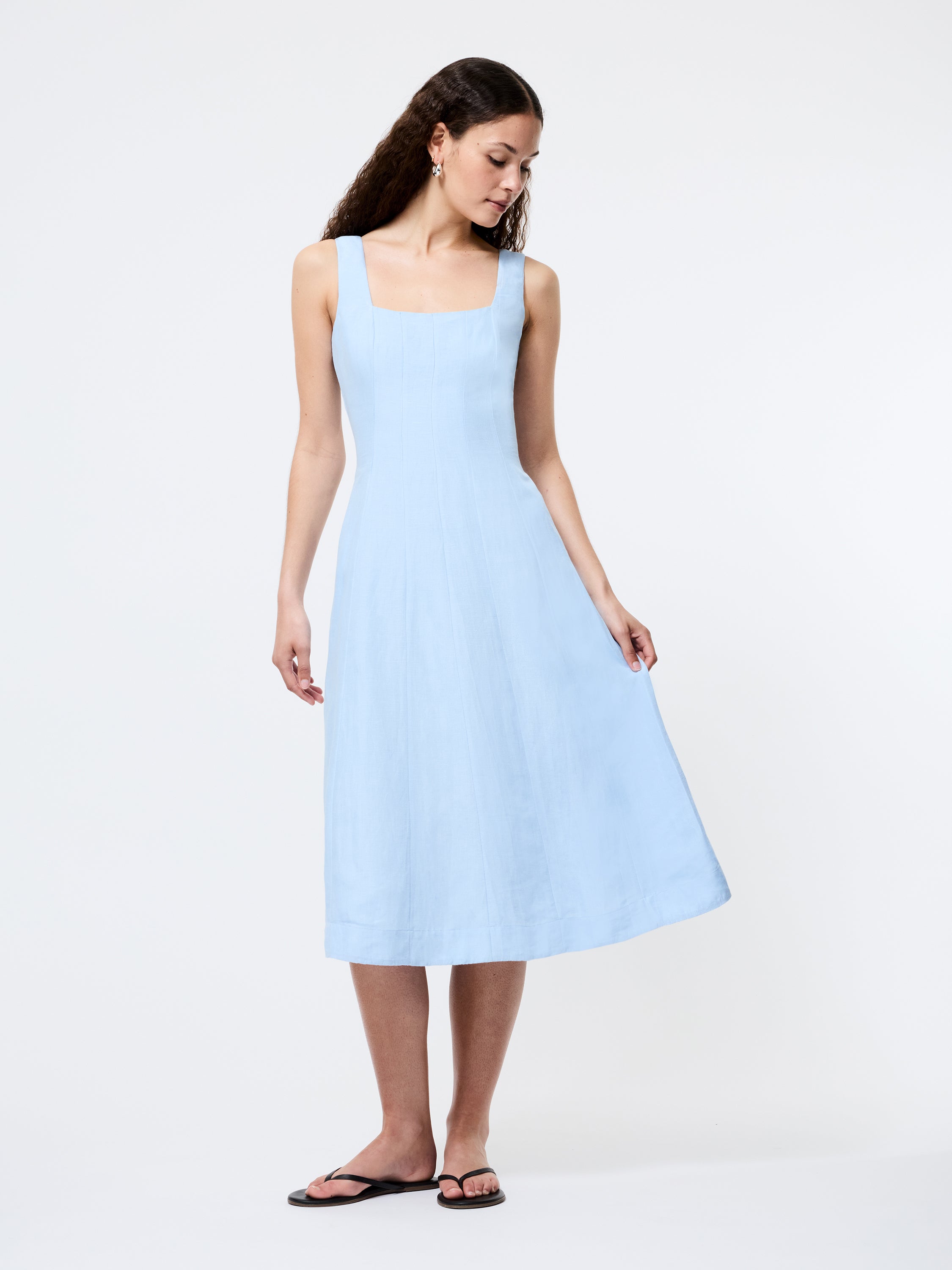Birdie Linen Square Neck Midi Dress
