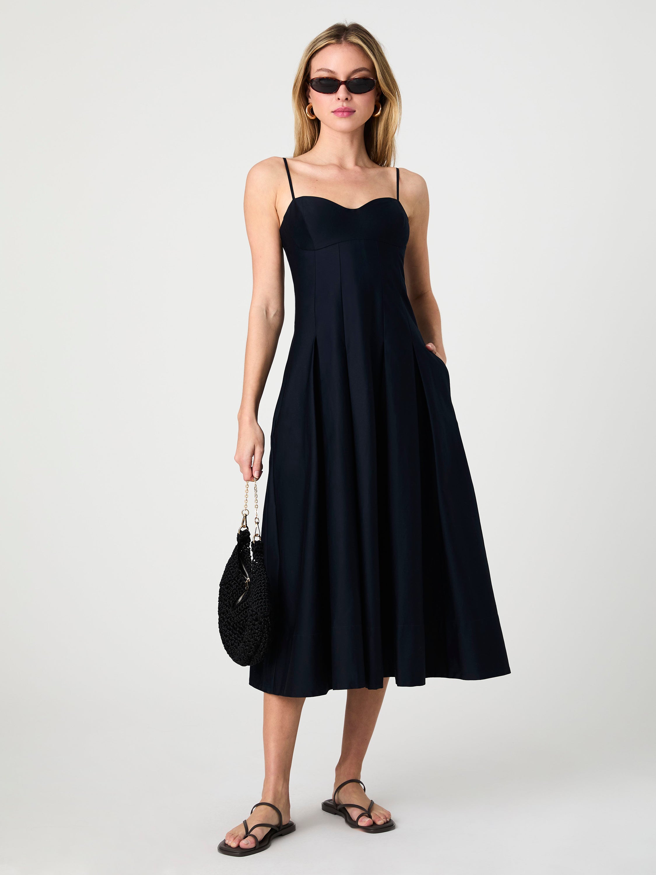 Cotton Sateen Pleated Midi Dress